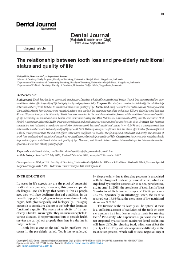 (PDF) The relationship between tooth loss and pre-elderly nutritional ...