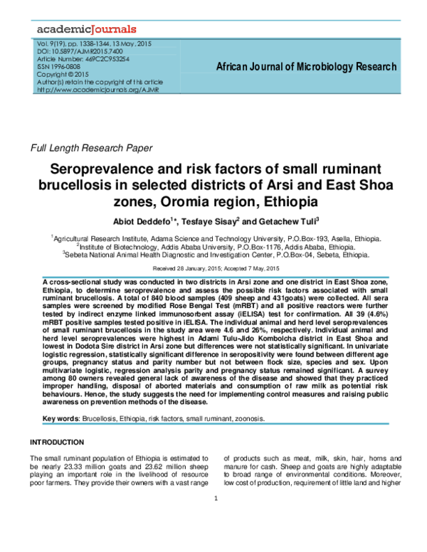 (PDF) Seroprevalence and risk factors of small ruminant brucellosis in ...