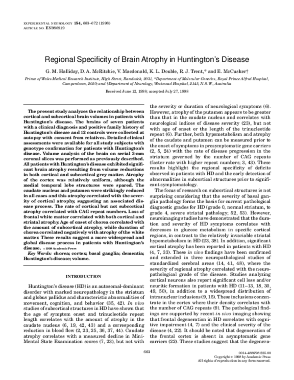 (PDF) Regional Specificity of Brain Atrophy in Huntington's Disease