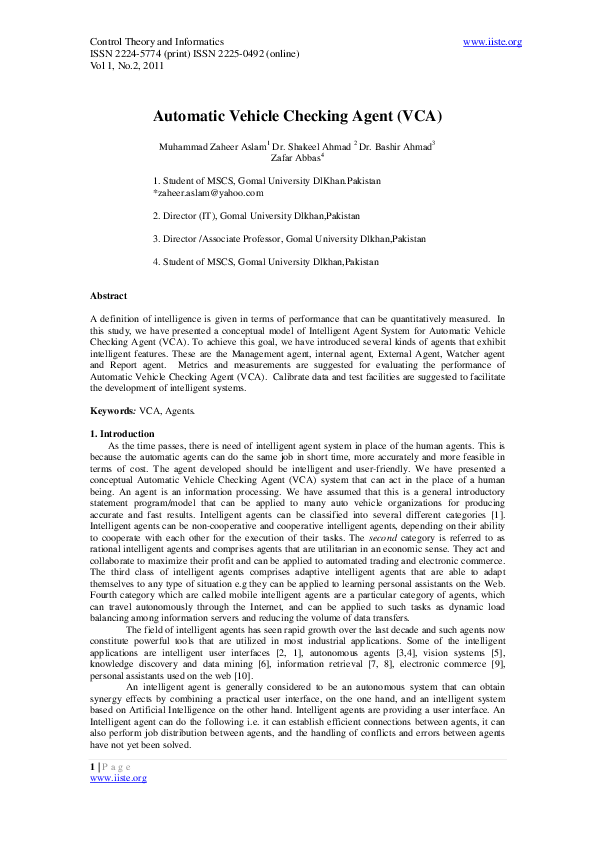 (PDF) Automatic Vehicle Checking Agent (VCA)