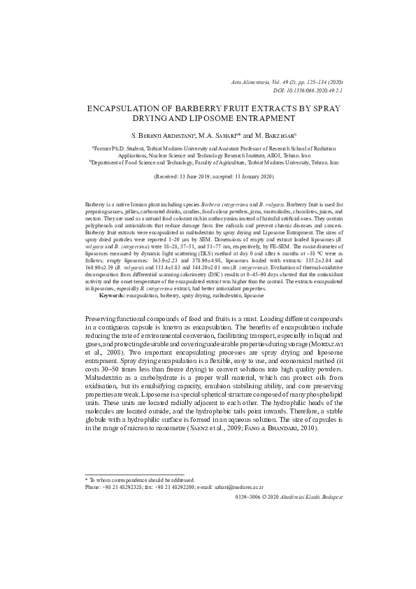 (PDF) Encapsulation of Barberry Fruit Extracts by Spray Drying and ...