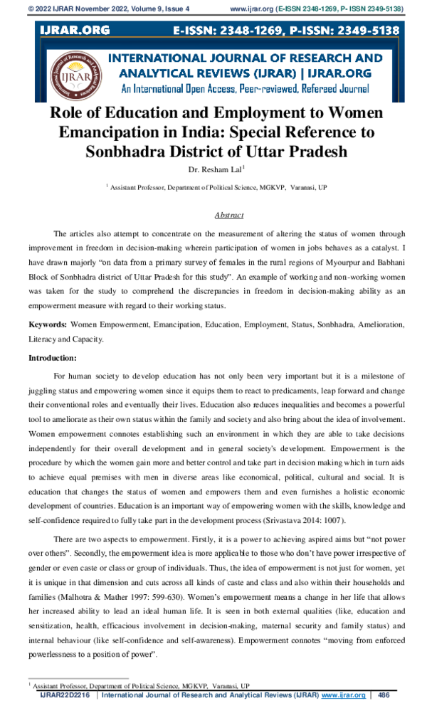 (PDF) Role of Education and Employment to Women Emancipation in India ...