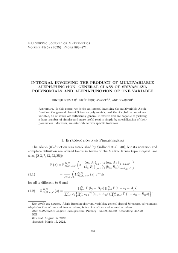 (PDF) Integral involving the product of multivariable Aleph-function ...