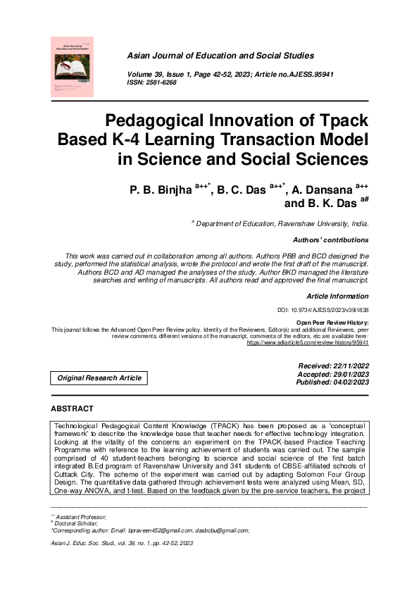 (PDF) Pedagogical Innovation of Tpack Based K-4 Learning Transaction ...