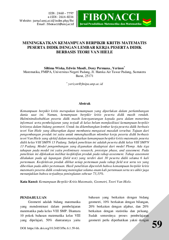 Meningkatkan Kemampuan Berpikir Kritis Matematis Peserta Didik Dengan Lembar Kerja Peserta Didik Berbasis Teori Van Hiele
