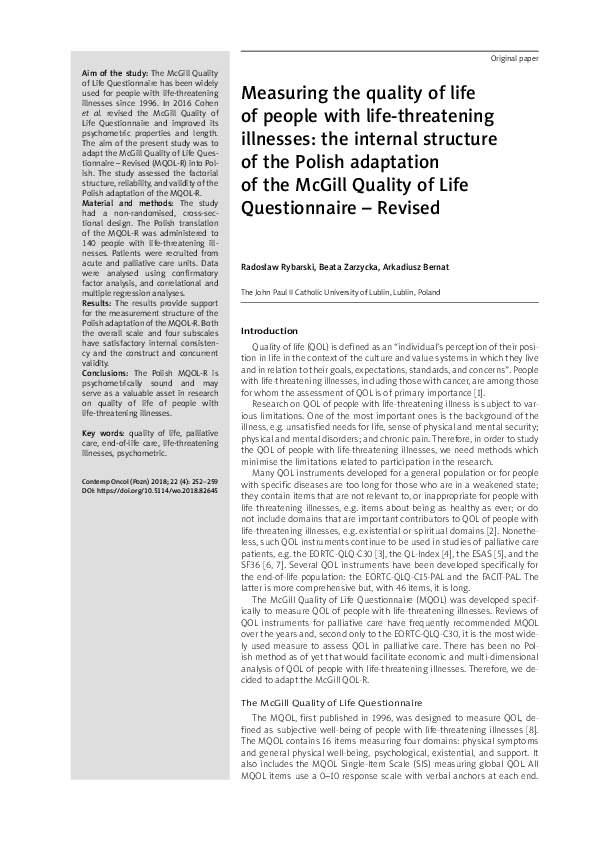 (PDF) Measuring the quality of life of people with lifethreatening