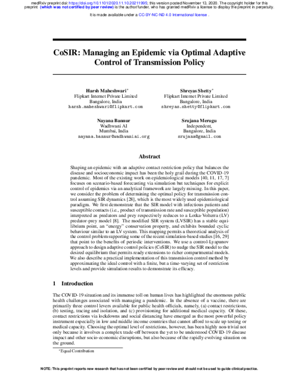 (PDF) CoSIR: Managing an Epidemic via Optimal Adaptive Control of ...