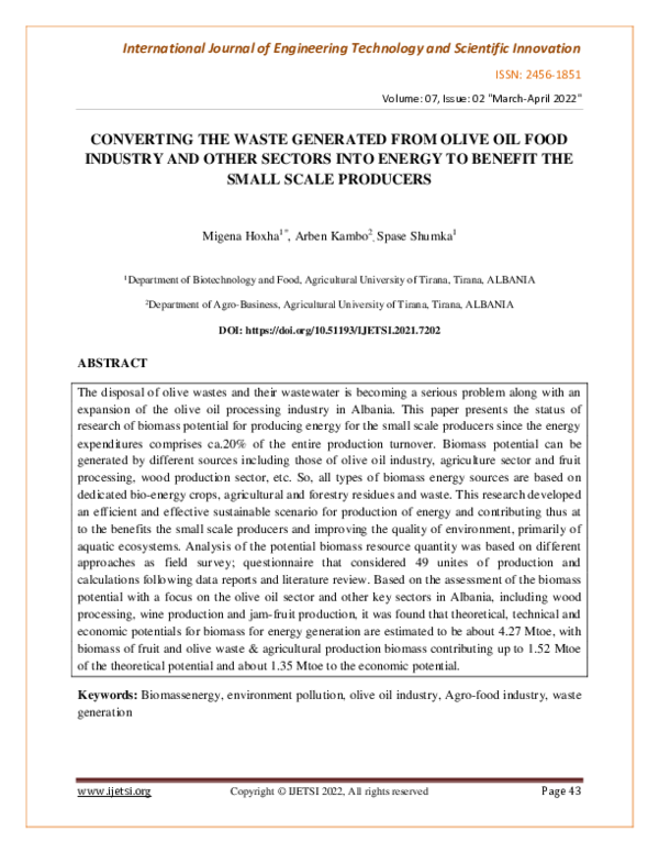 (PDF) Converting the Waste Generated from Olive Oil Food Industry and ...