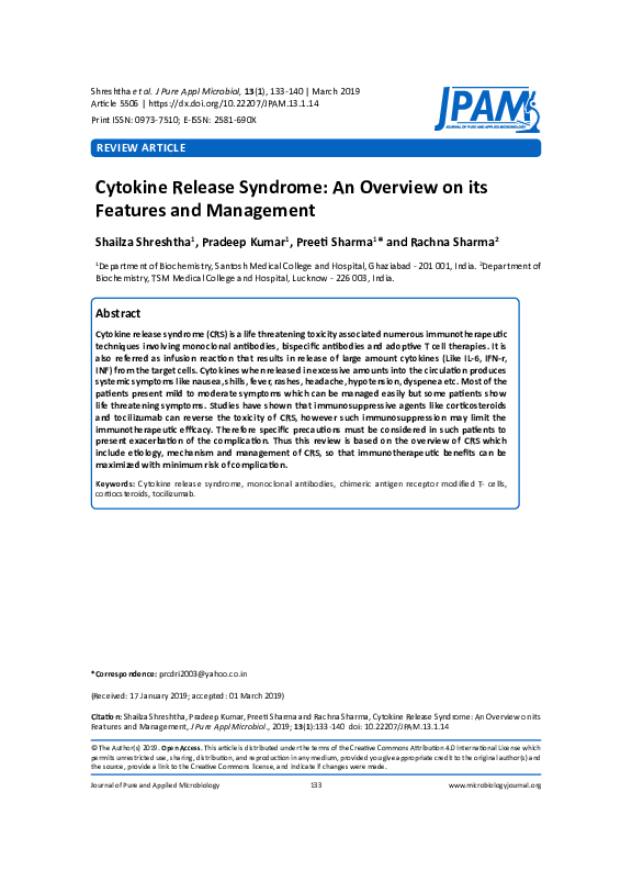 (PDF) Cytokine Release Syndrome An Overview on its Features and
