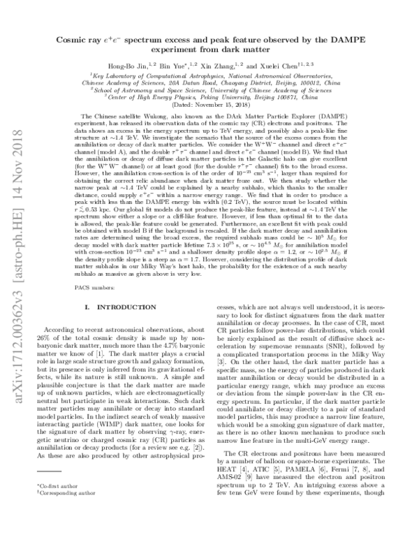 (PDF) Dark matter explanation of the cosmic ray e+e− spectrum excess ...