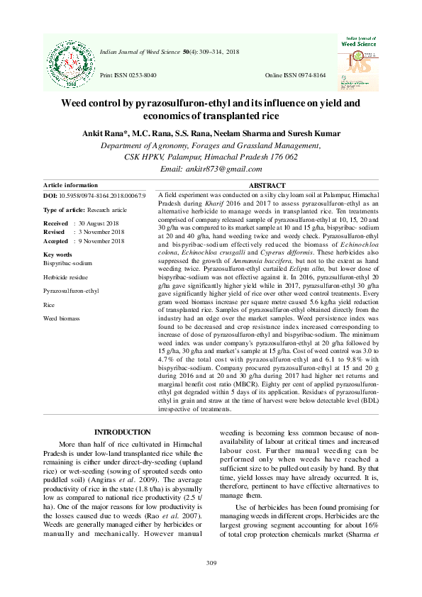 Weed control by pyrazosulfuron-ethyl and its influence on yield and economics of transplanted rice