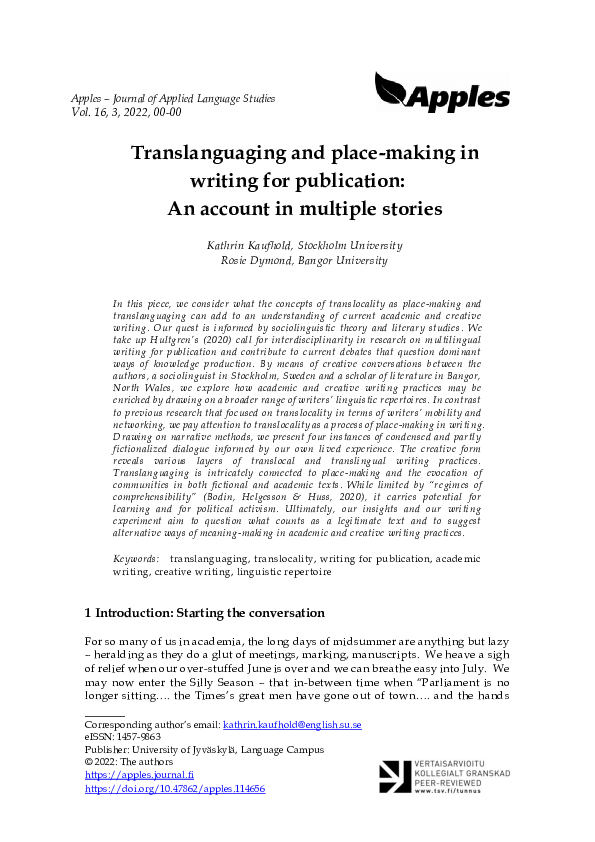 (PDF) Translanguaging and place-making in writing for publication