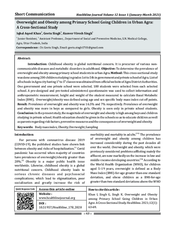 (PDF) Overweight and Obesity among Primary School Going Children in ...