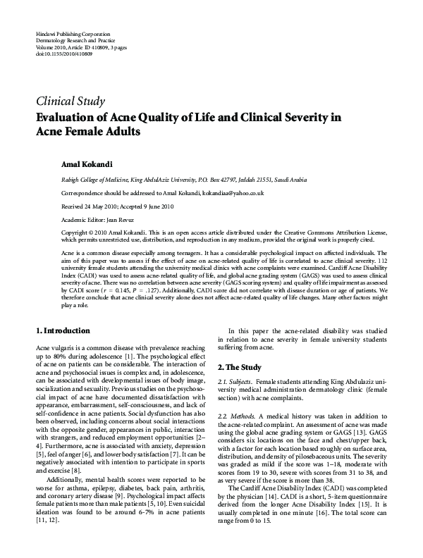 (PDF) Evaluation of acne quality of life and clinical severity in acne ...