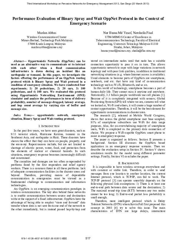 (PDF) Performance evaluation of Binary Spray and Wait OppNet protocol ...