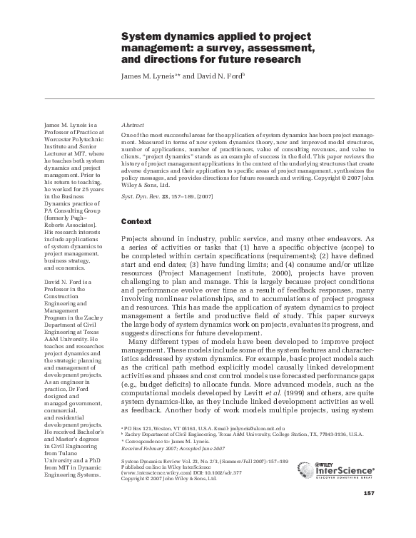 (PDF) System dynamics applied to project management: a survey ...