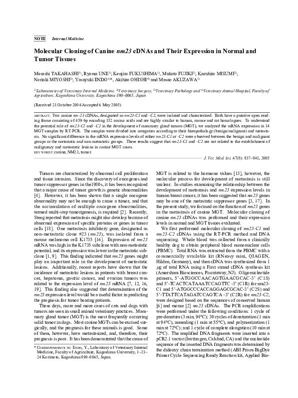 Molecular Cloning of Canine nm23 cDNAs and Their Expression in Normal ...