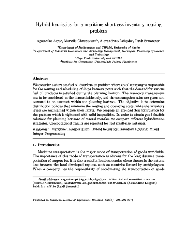(PDF) Hybrid heuristics for a short sea inventory routing problem