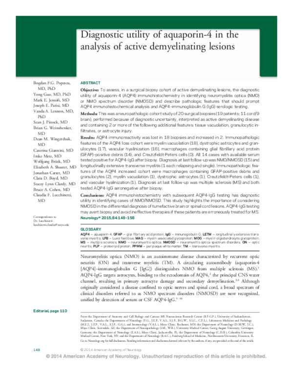 (PDF) Diagnostic utility of aquaporin-4 in the analysis of active ...