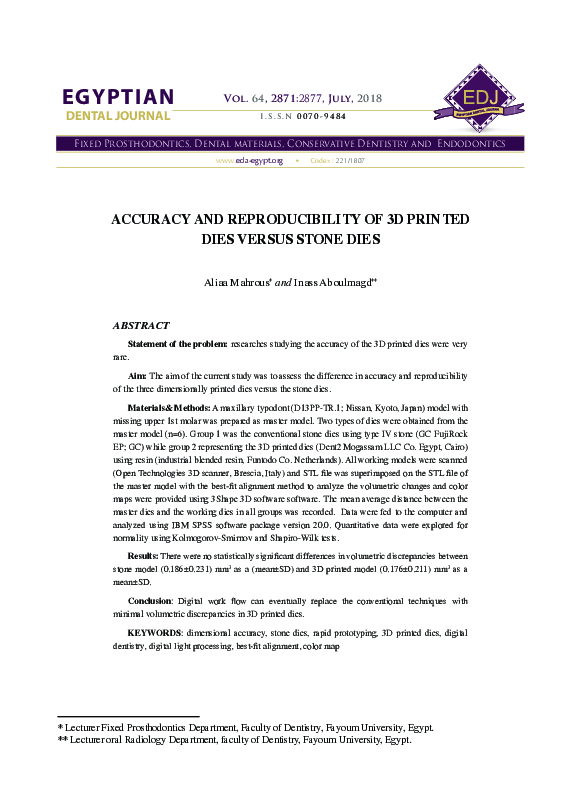 (PDF) Accuracy and Reproducibility of 3D Printed Dies versus Stone Dies