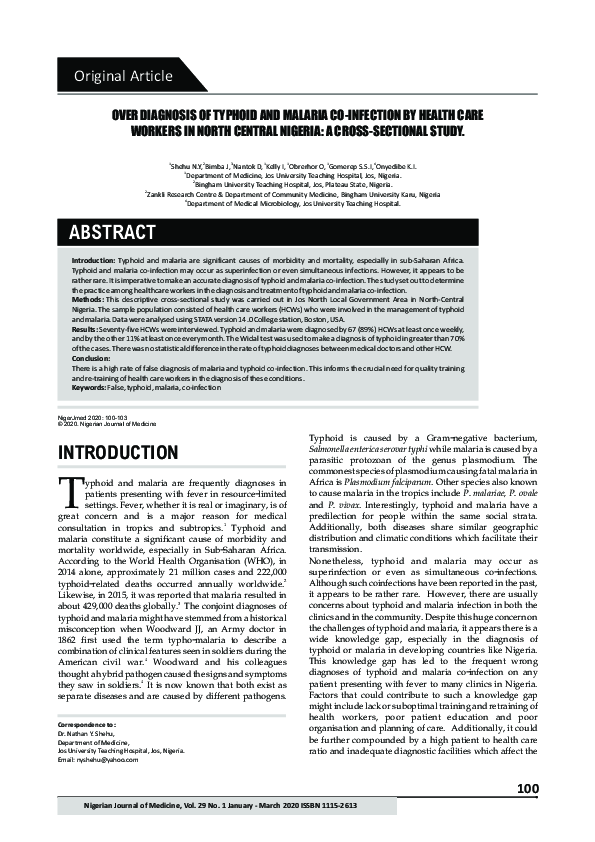 (PDF) Over diagnosis of typhoid and malaria co-infection by health care ...