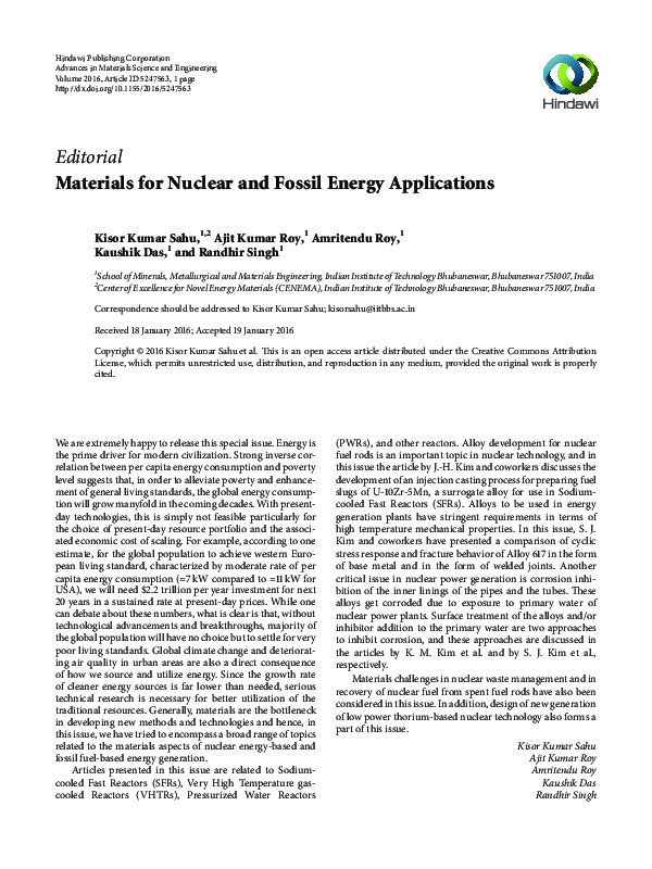(PDF) Materials for Nuclear and Fossil Energy Applications Dr. Kisor