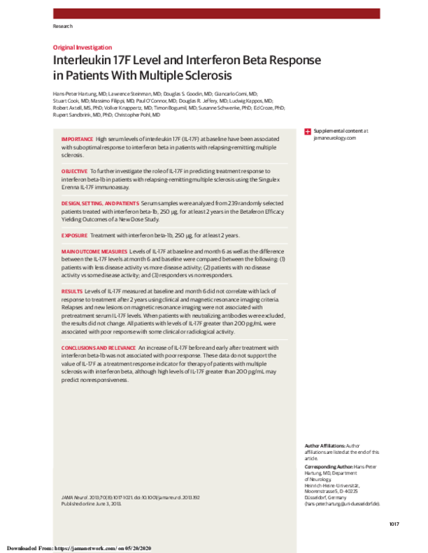 (PDF) Interleukin 17F Level and Interferon Beta Response in Patients ...