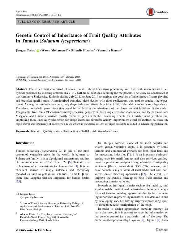 (PDF) Genetic Control of Inheritance of Fruit Quality Attributes in ...