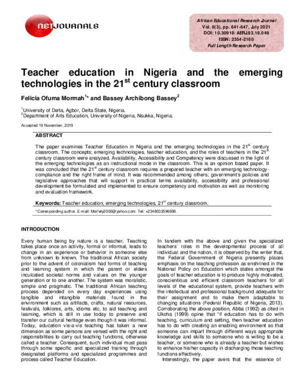 (PDF) Teacher education in Nigeria and the emerging technologies in the ...