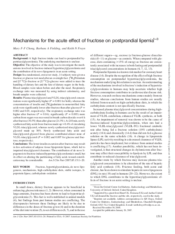 (PDF) Mechanisms for the acute effect of fructose on postprandial lipemia