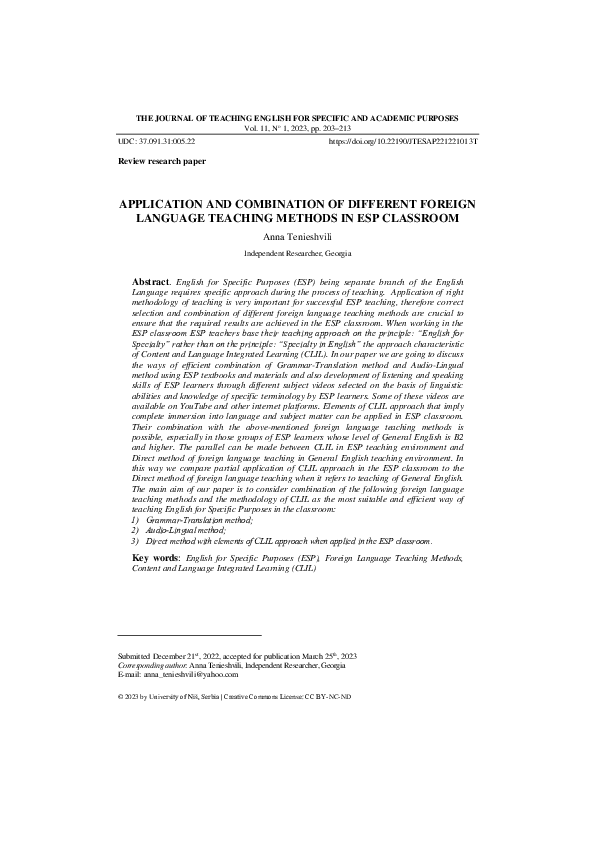 PDF) Combining Foreign Language Teaching Methods in ESP Classes