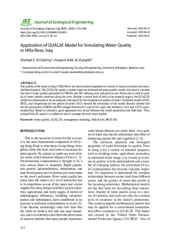 (PDF) Application of QUAL2K Model for Simulating Water Quality in Hilla ...