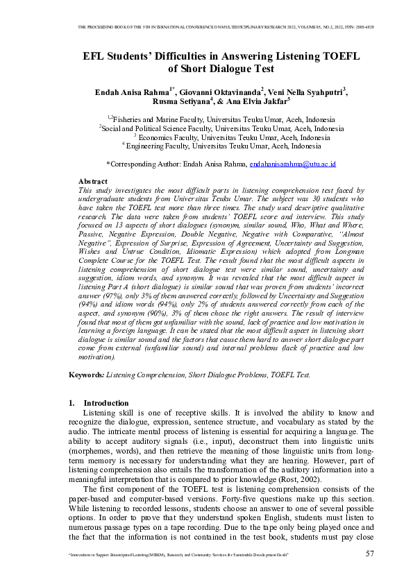 (PDF) EFL Students’ Difficulties in Answering Listening TOEFL of Short ...
