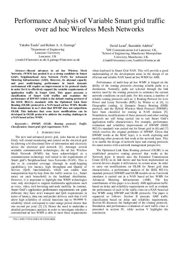 (PDF) Performance analysis of variable Smart Grid traffic over ad hoc ...