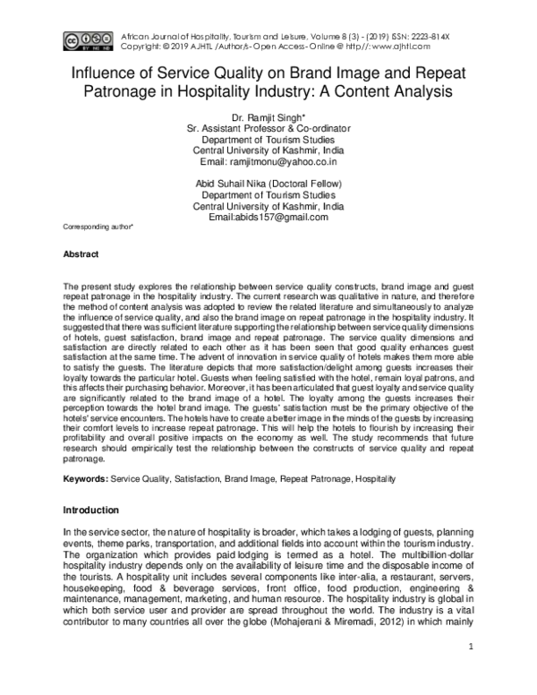 (PDF) Influence of Service Quality on Brand Image and Repeat Patronage ...