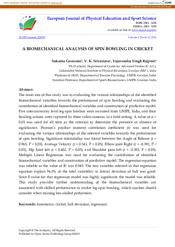 (PDF) A Biomechanical Analysis Of Spin Bowling In Cricket
