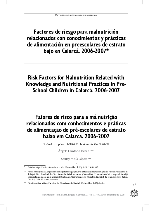 (PDF) Risk Factors for Malnutrition Related with Knowledge and ...