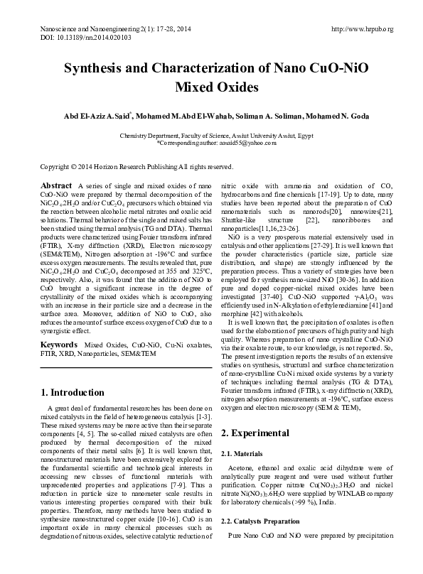 (PDF) Synthesis and Characterization of Nano CuO-NiO Mixed Oxides