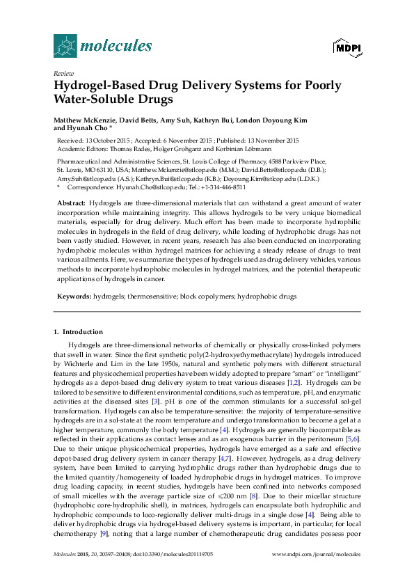 (PDF) Hydrogel-Based Drug Delivery Systems for Poorly Water-Soluble Drugs