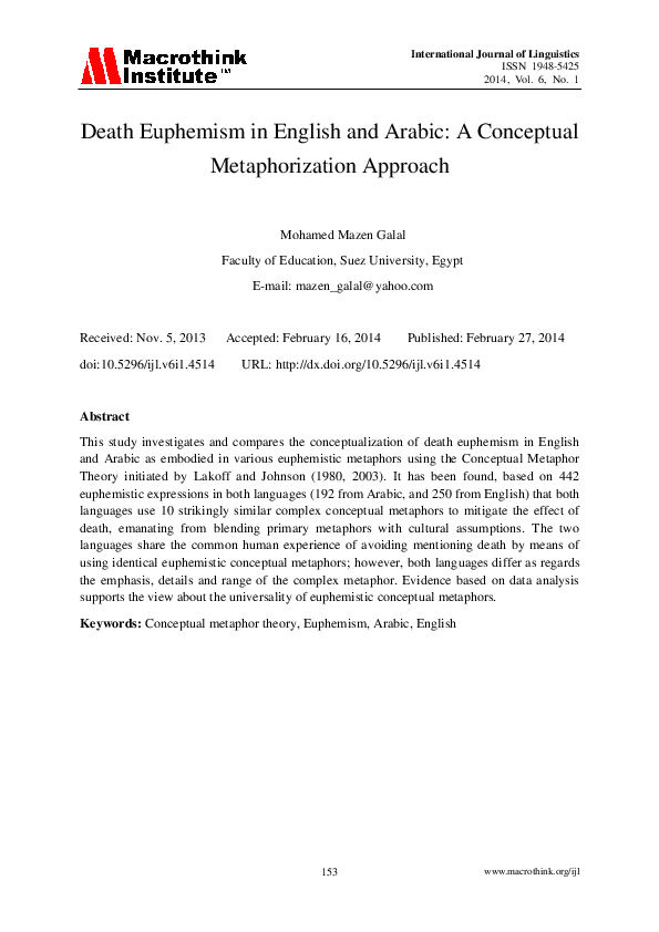 (PDF) Death Euphemism in English and Arabic: A Conceptual ...