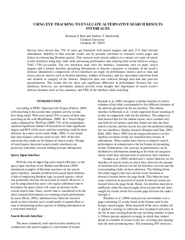 (PDF) Using eye tracking to evaluate alternative search results interfaces