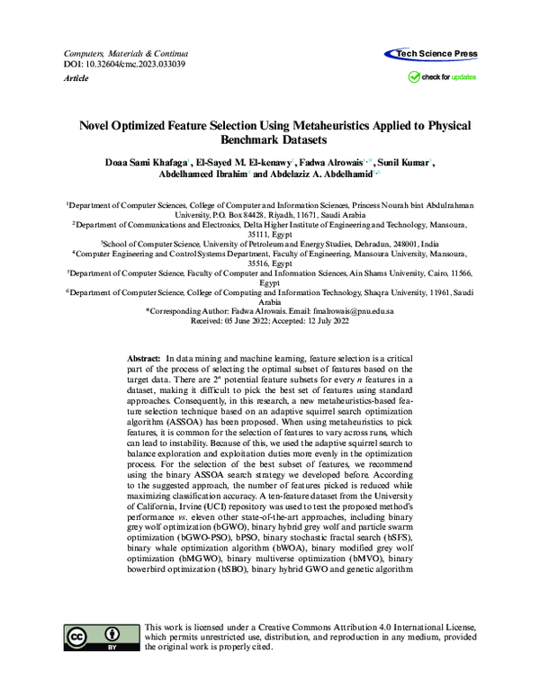 (PDF) Novel Optimized Feature Selection Using Metaheuristics Applied to ...