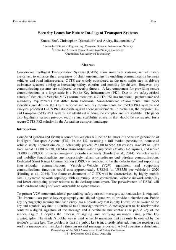 (PDF) Security issues for future Intelligent Transport Systems