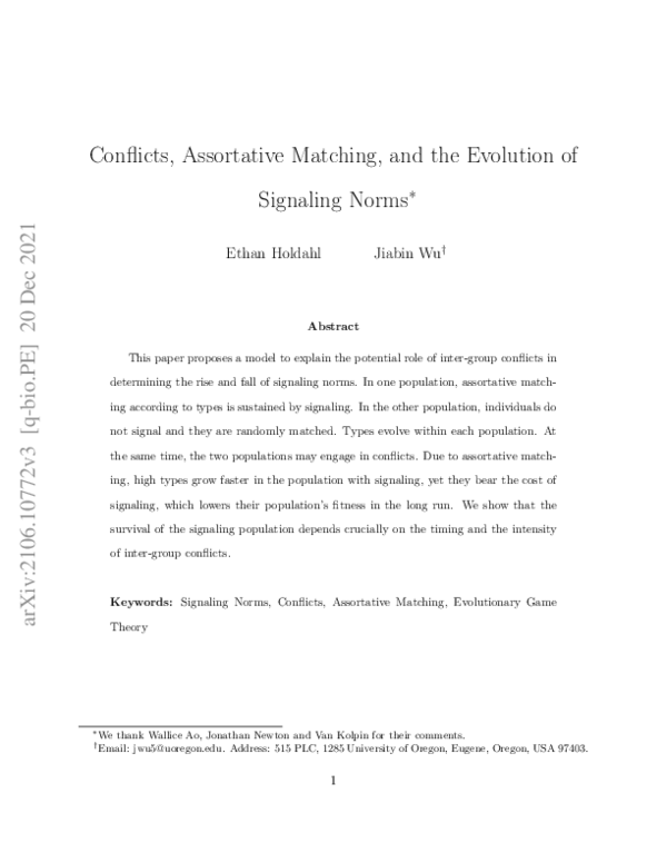 (PDF) Conflicts, assortative matching, and the evolution of signaling norms