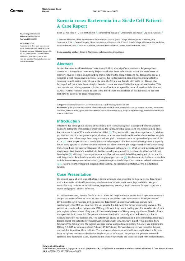 (PDF) Kocuria rosea Bacteremia in a Sickle Cell Patient: A Case Report