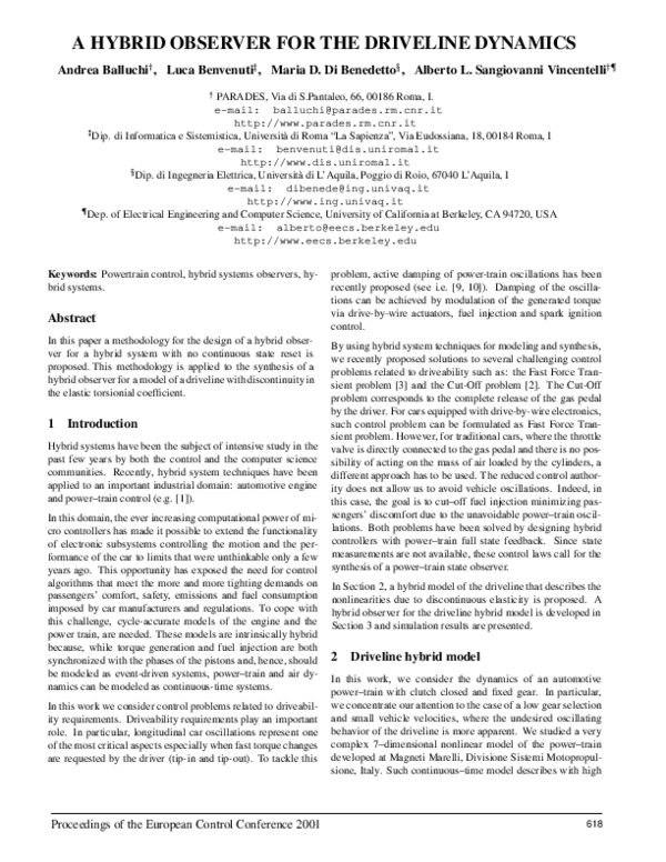 (PDF) A hybrid observer for the driveline dynamics Maria Domenica (Marika) Di Benedetto