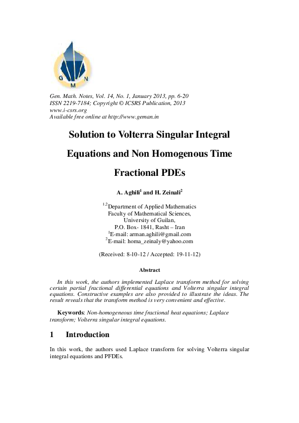 (PDF) Solution to Volterra Singular Integral Equations and Non ...
