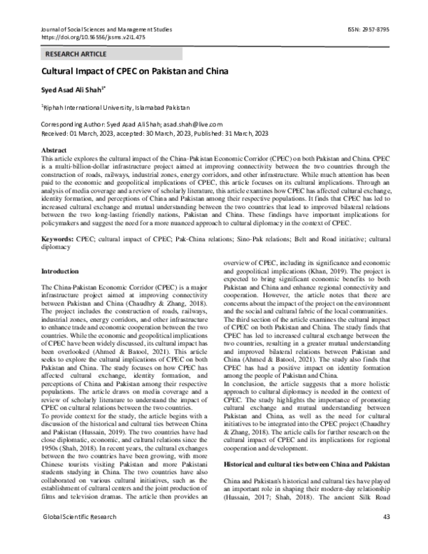 (PDF) Cultural Impact of CPEC on Pakistan and China
