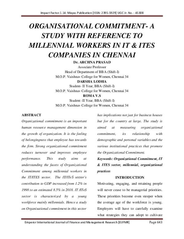 (PDF) ORGANISATIONAL COMMITMENT-A STUDY WITH REFERENCE TO MILLENNIAL ...