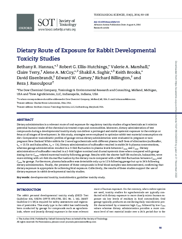 (PDF) Dietary Route of Exposure for Rabbit Developmental Toxicity Studies